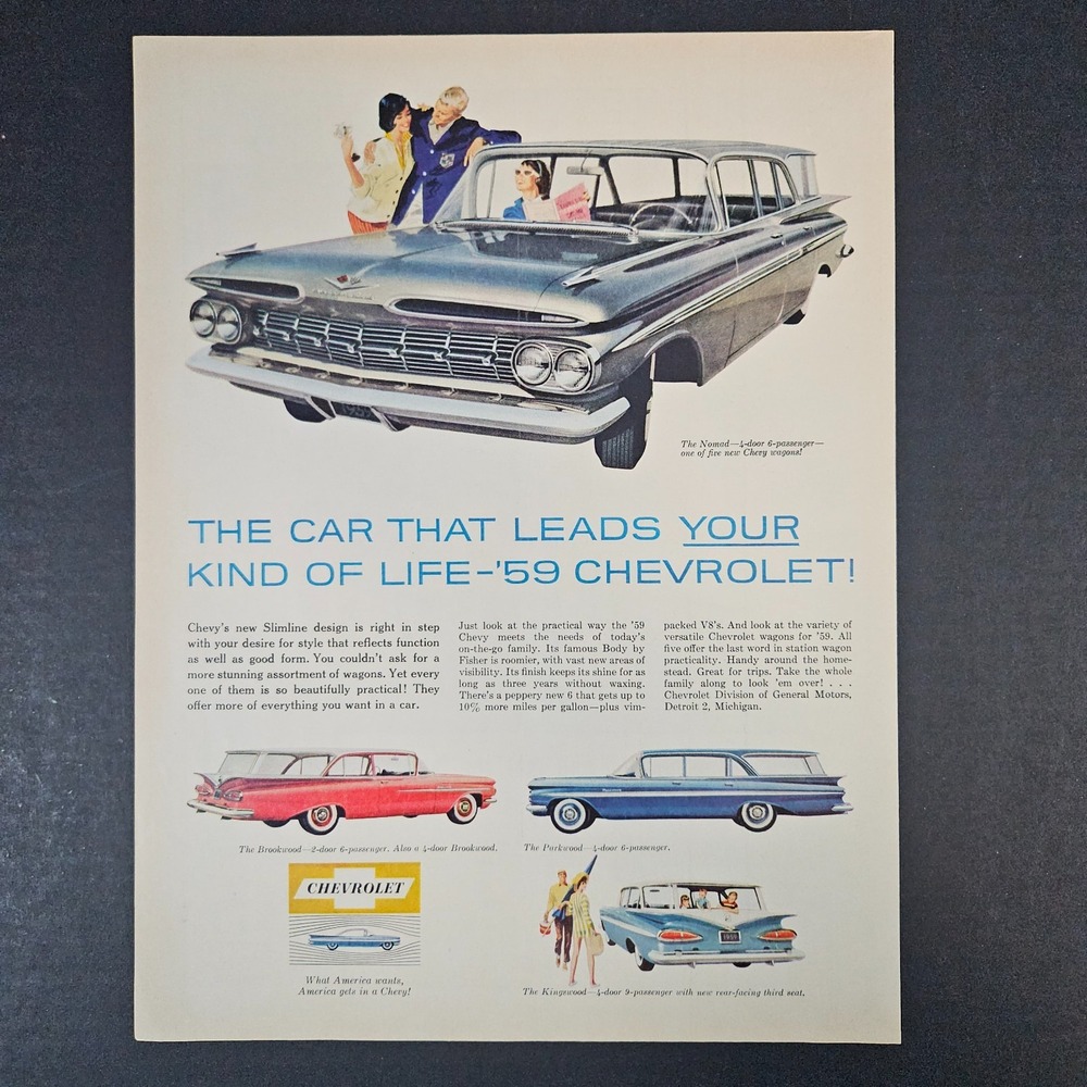 1959 Chevrolet Chevy Nomad Brookwood Parkwood Kingswood Wagons Vintage Print Ad